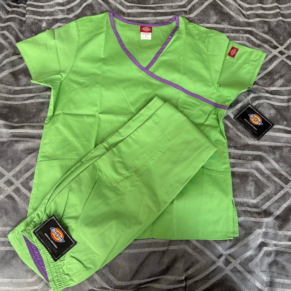Dickies Green Scrub Set with Purple Trim